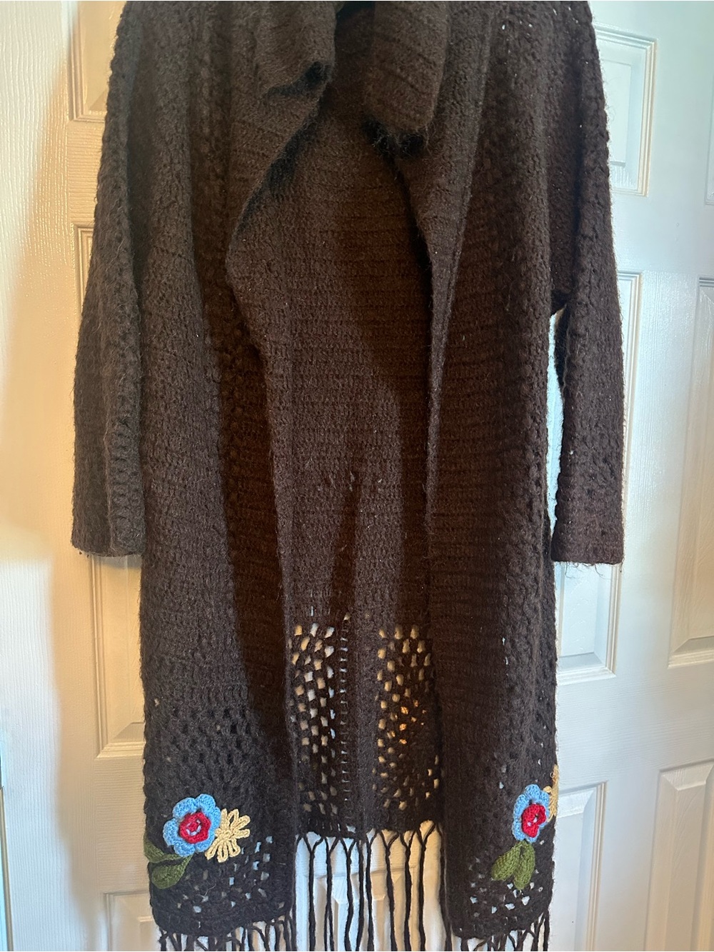 Embroidered Brown Crochet Fringe Cardigan Sweater